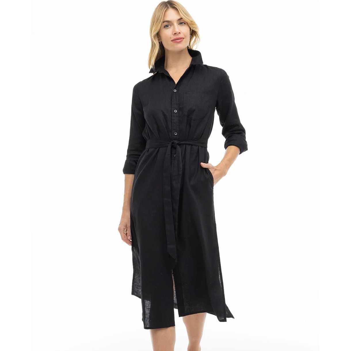 Pura Cashmere Luxe Linen Shirt Dress Black 100% Linen Belted Maxi Medium — image 3 of 8